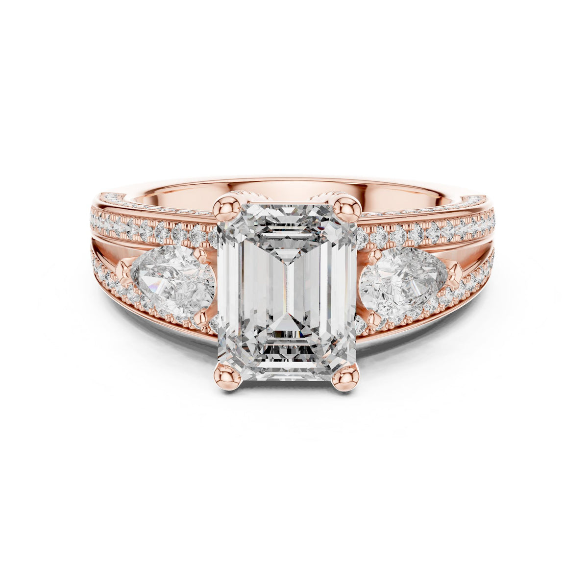 Emerald Three Stone Lab Grown Diamond Engagement Ring