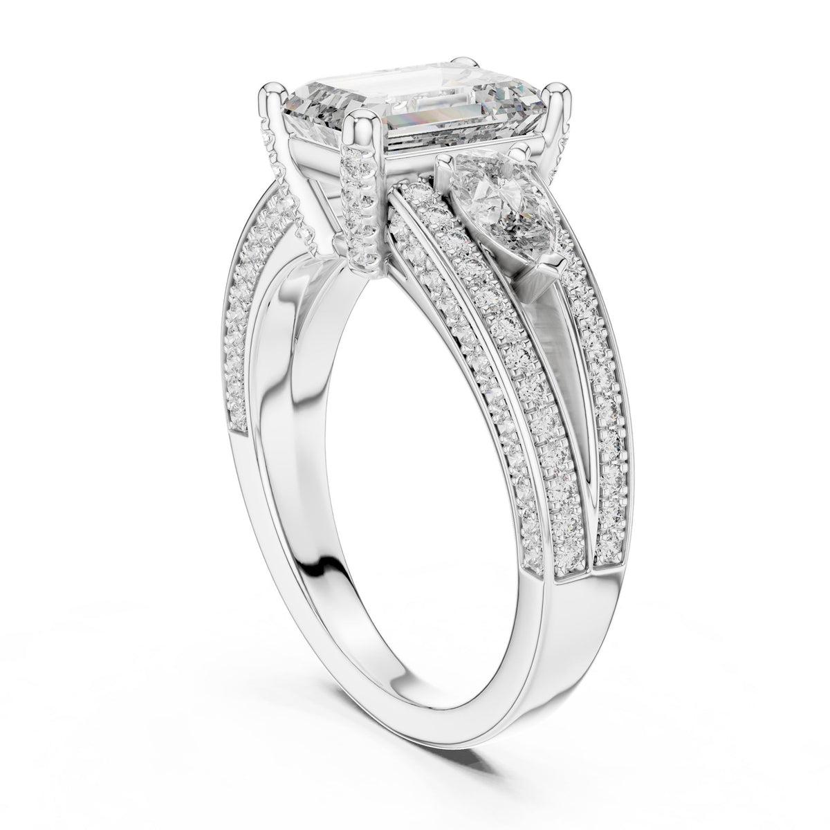 Emerald Three Stone Lab Grown Diamond Engagement Ring