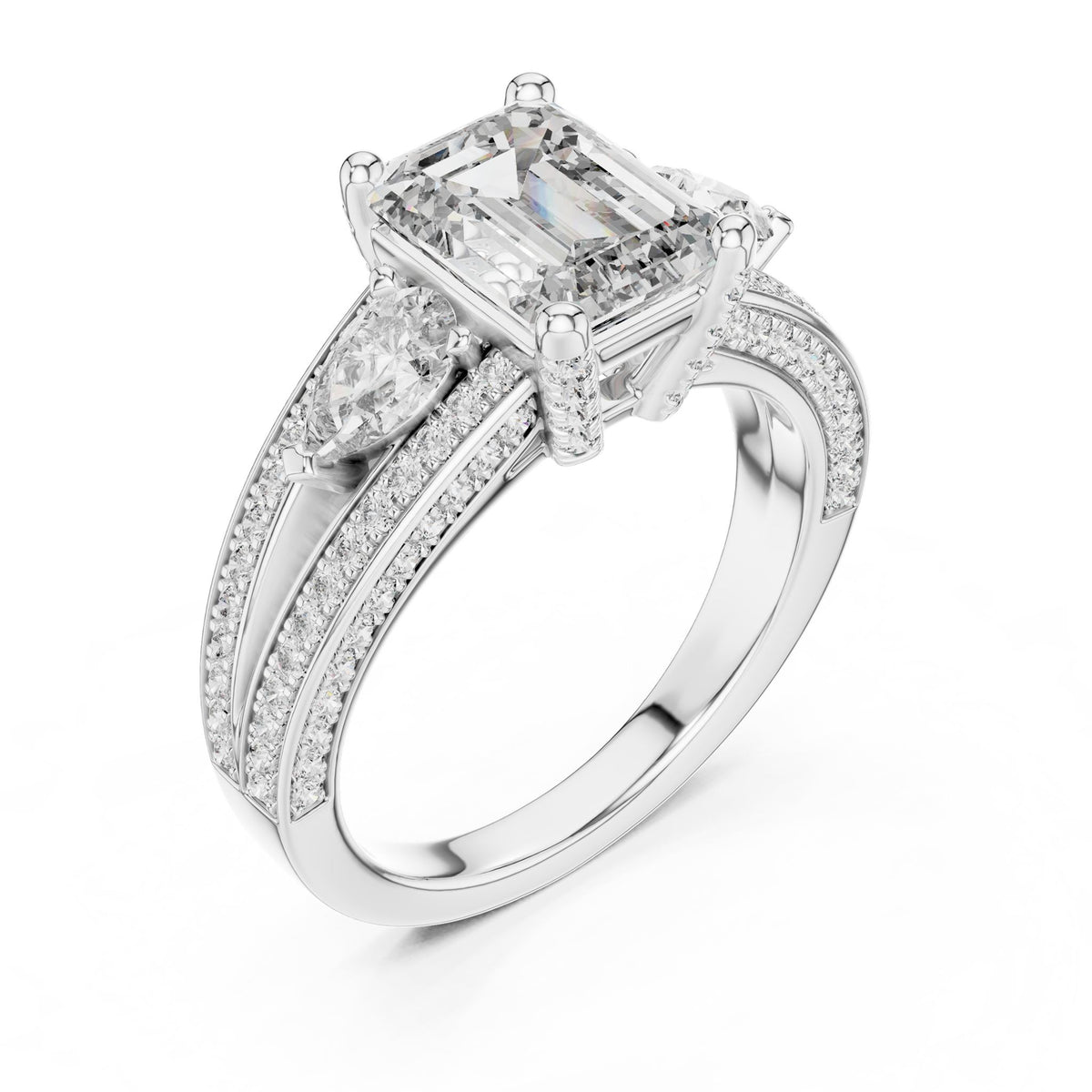 Emerald Three Stone Lab Grown Diamond Engagement Ring