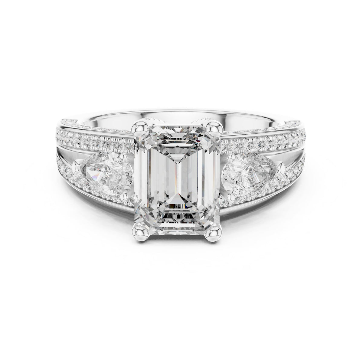 Emerald Three Stone Lab Grown Diamond Engagement Ring