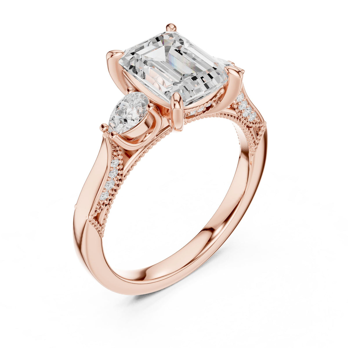 Emerald Three Stone Lab Grown Diamond Engagement Ring