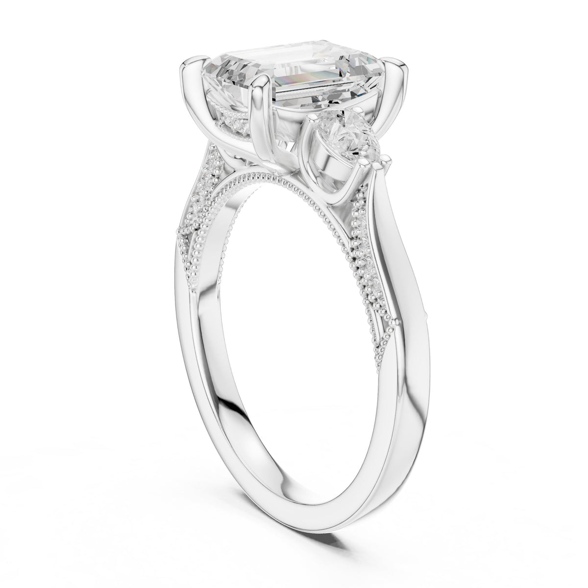 Emerald Three Stone Lab Grown Diamond Engagement Ring