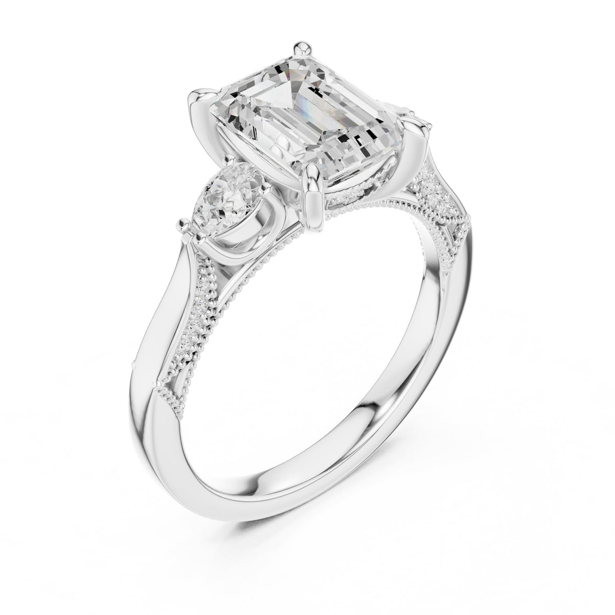 Emerald Three Stone Lab Grown Diamond Engagement Ring