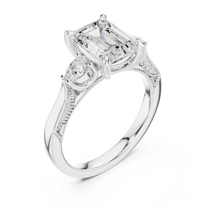 Emerald Three Stone Lab Grown Diamond Engagement Ring