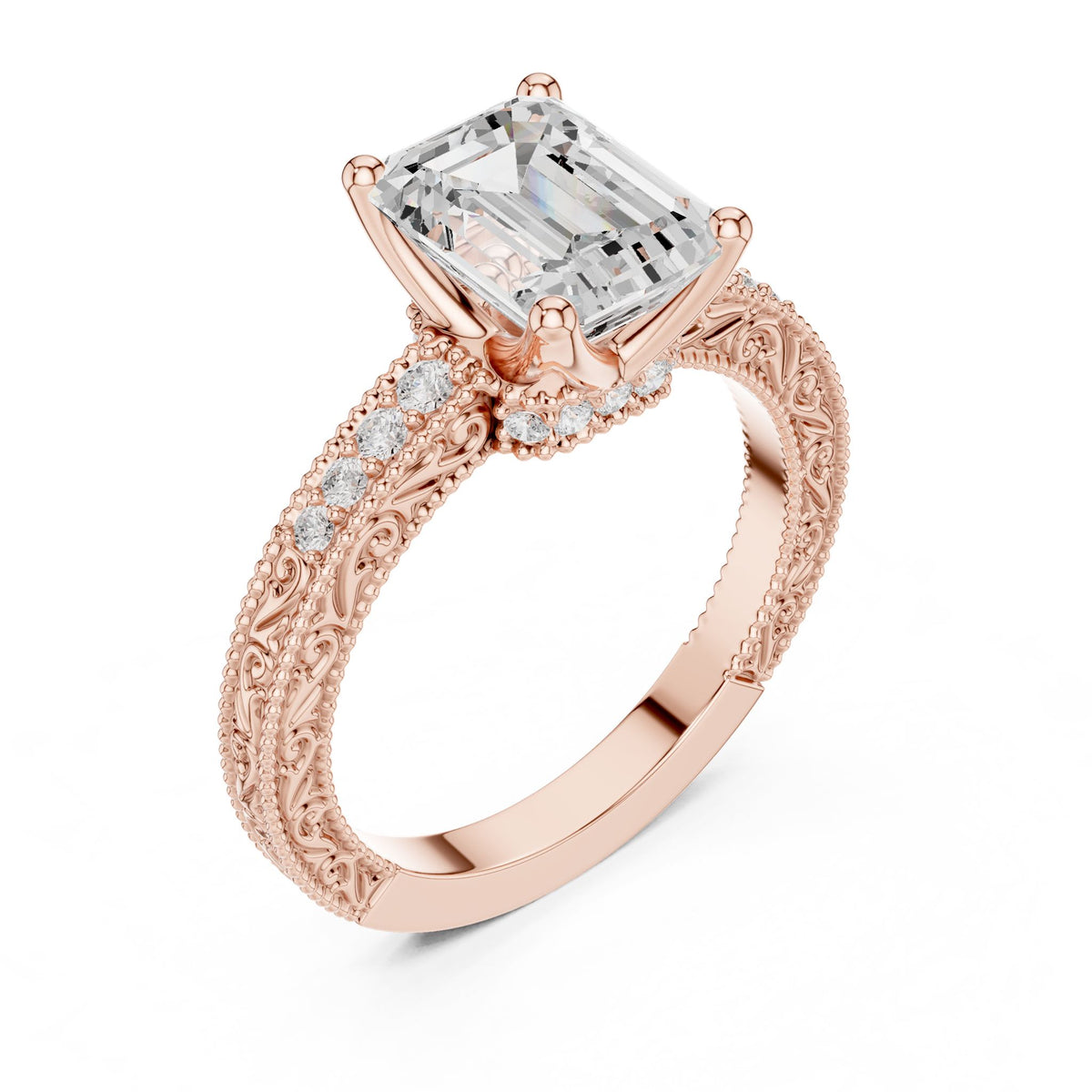 Emerald Vintage Lab Grown Diamond Engagement Ring