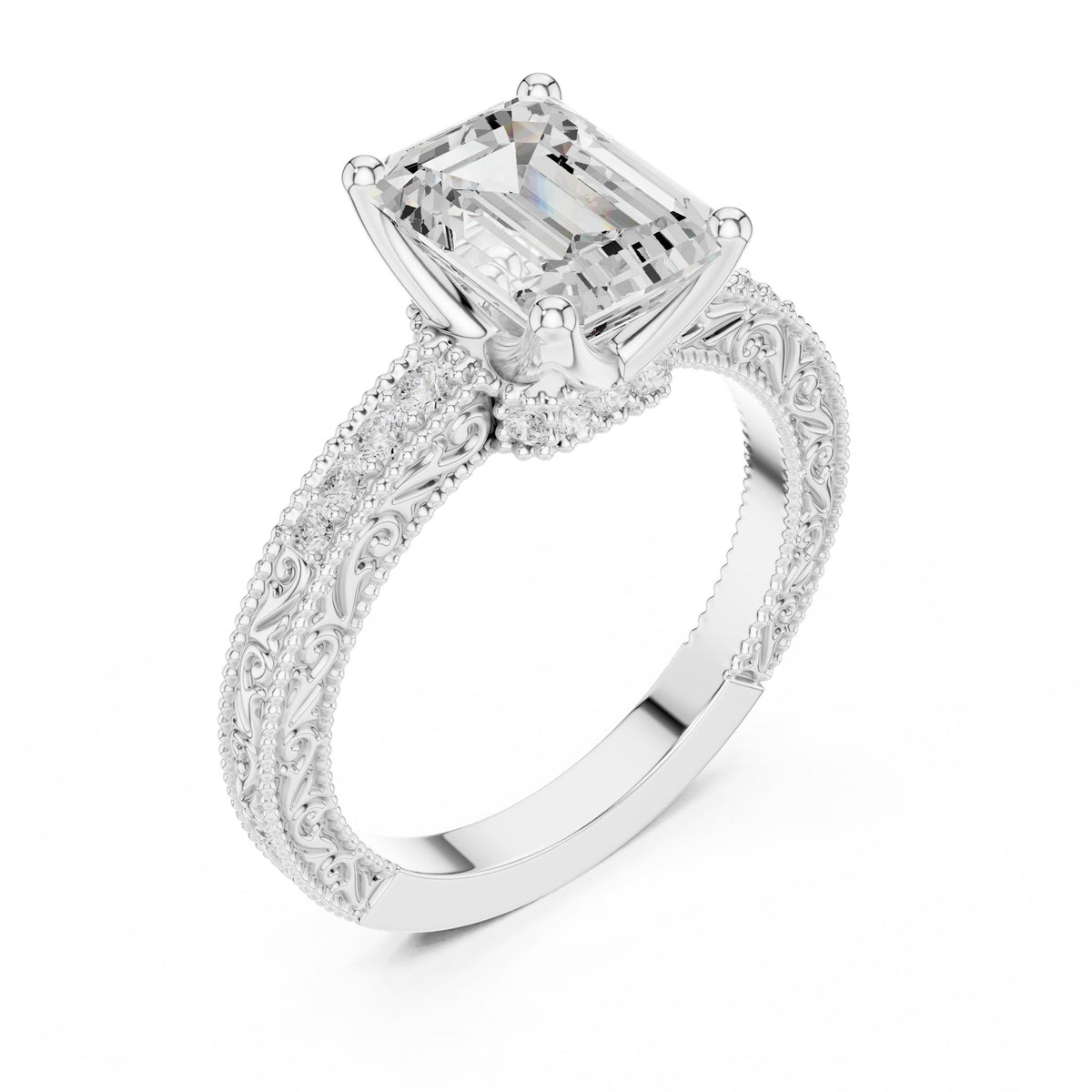 Emerald Vintage Lab Grown Diamond Engagement Ring