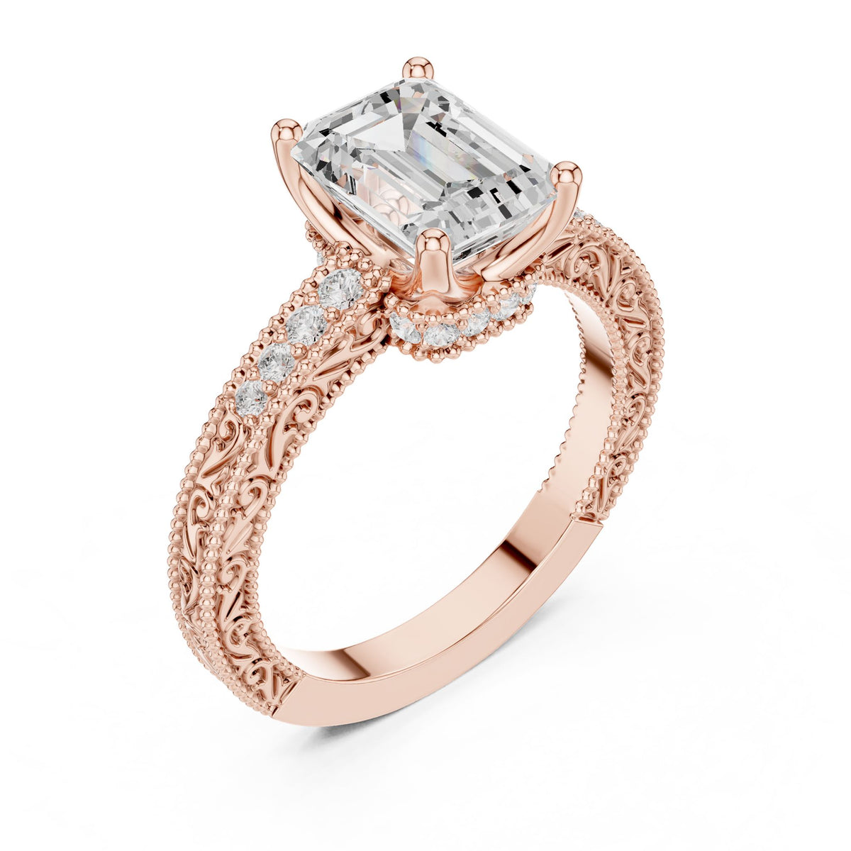 Emerald Vintage Lab Grown Diamond Engagement Ring