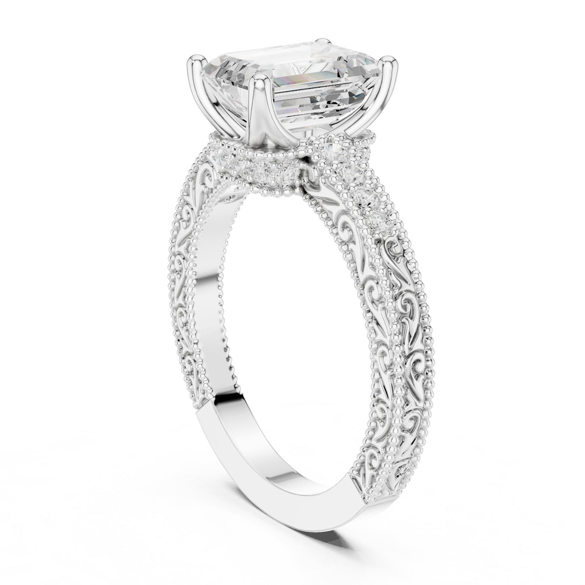 Emerald Vintage Lab Grown Diamond Engagement Ring